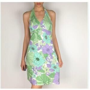 Vintage Loft Womens Y2K Babydoll Dress Size 4 Green Flower Power Retro Halter